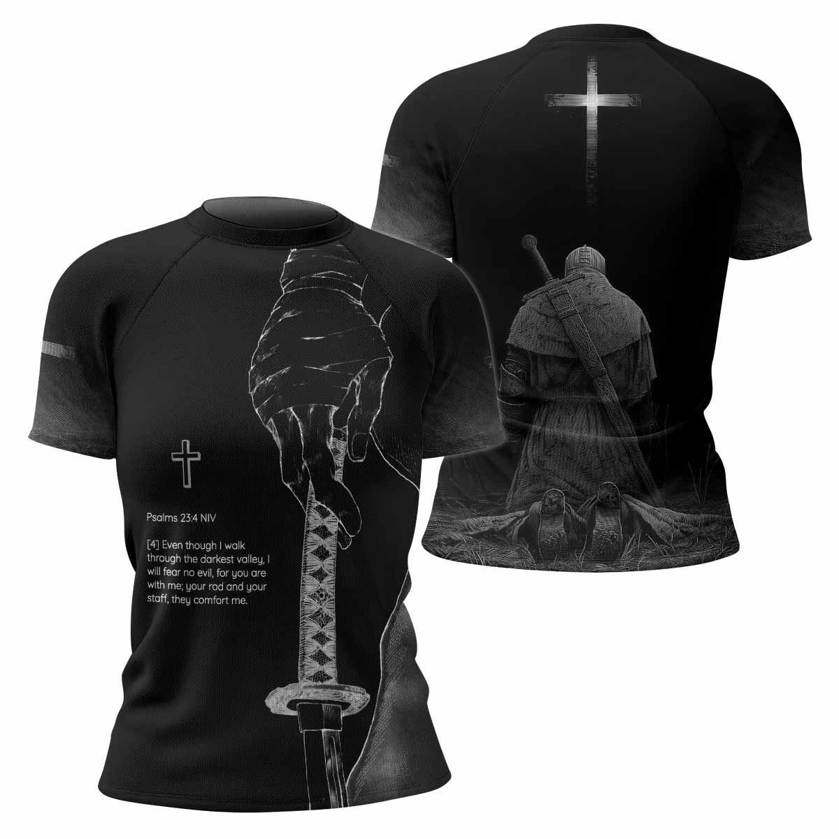 Psalms 23:4 NIV Women's Rash Guard Short Sleeve - front and back view