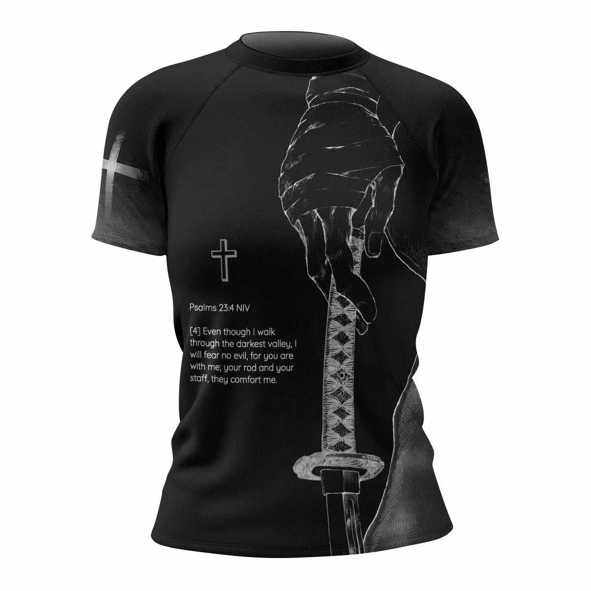 Psalms 23:4 NIV Women's Rash Guard Short Sleeve - front view mockup