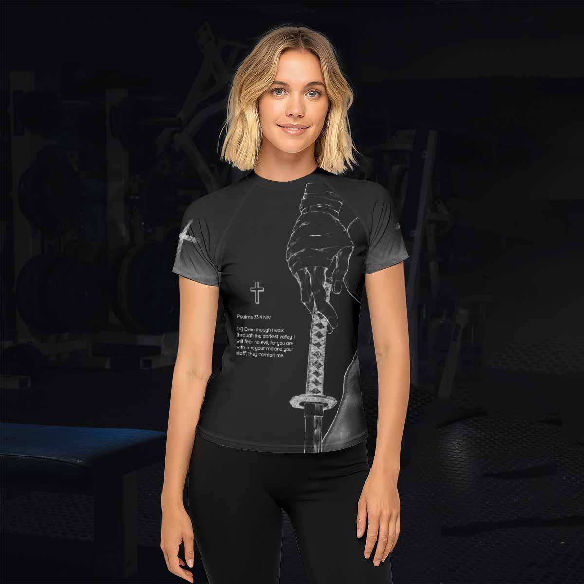 Psalms 23:4 NIV Women's Rash Guard Short Sleeve - lifestyle view