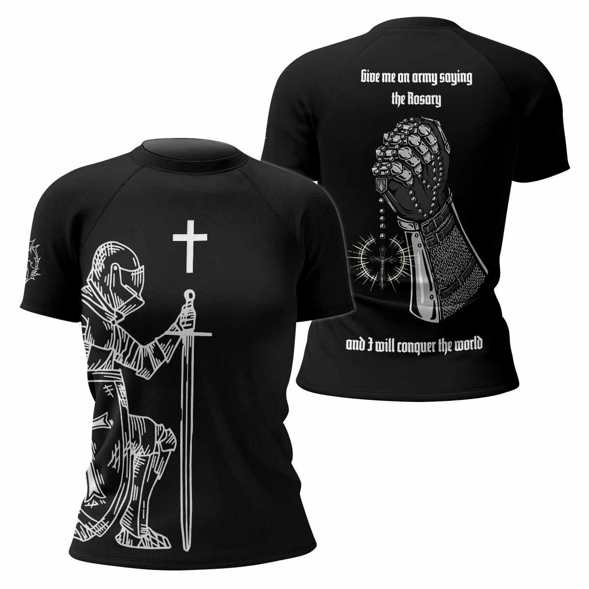 Give Me an Army Rosary Women's Rash Guard Short Sleeve - front and back view