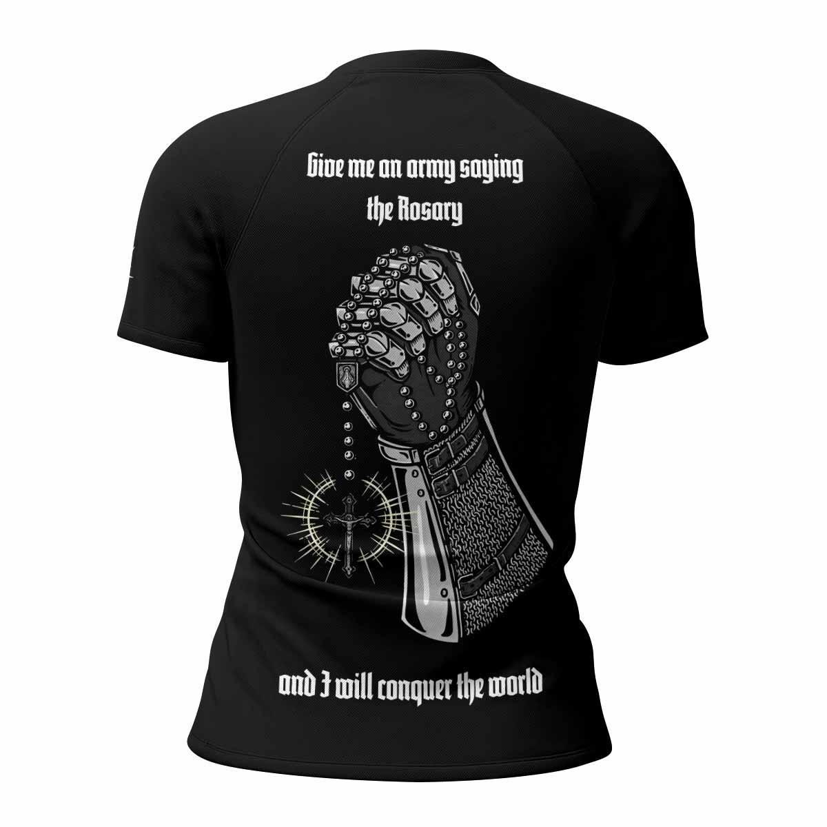 Give Me an Army Rosary Women's Rash Guard Short Sleeve - back view mockup