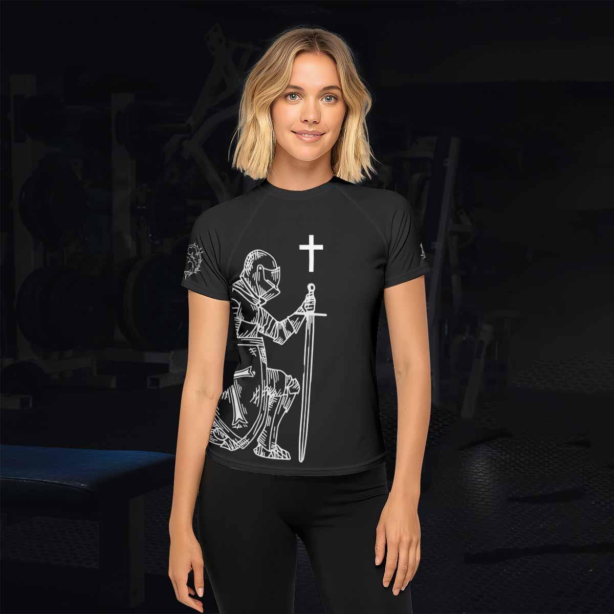 Give Me an Army Rosary Women's Rash Guard Short Sleeve - lifestyle view