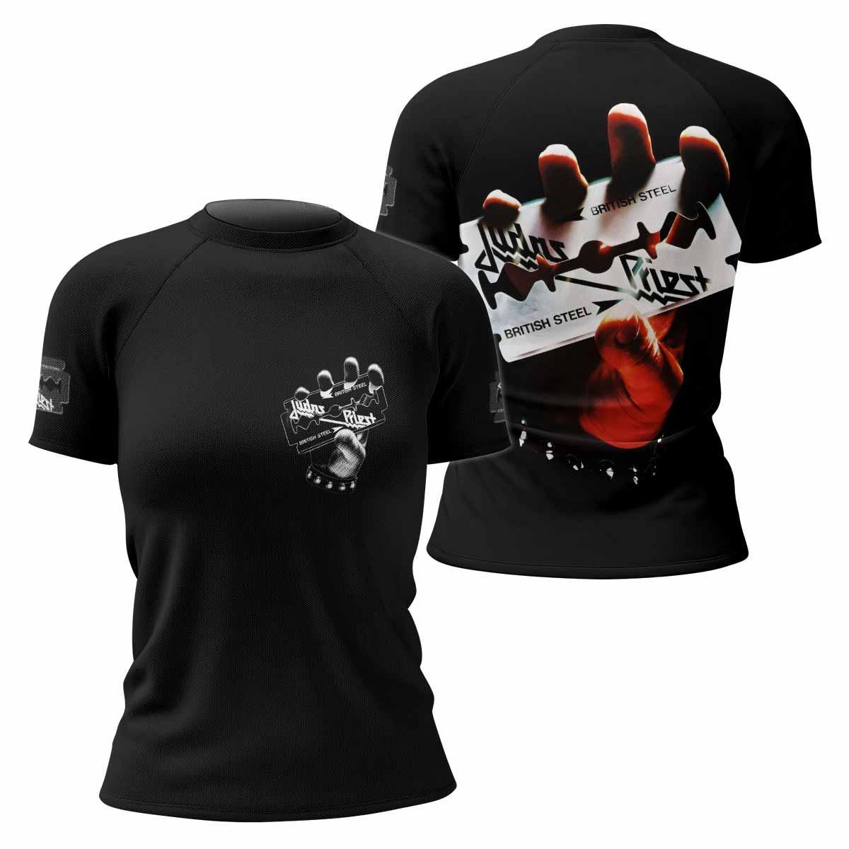 Judas Priest British Steel Women's Rash Guard Short Sleeve - front and back view