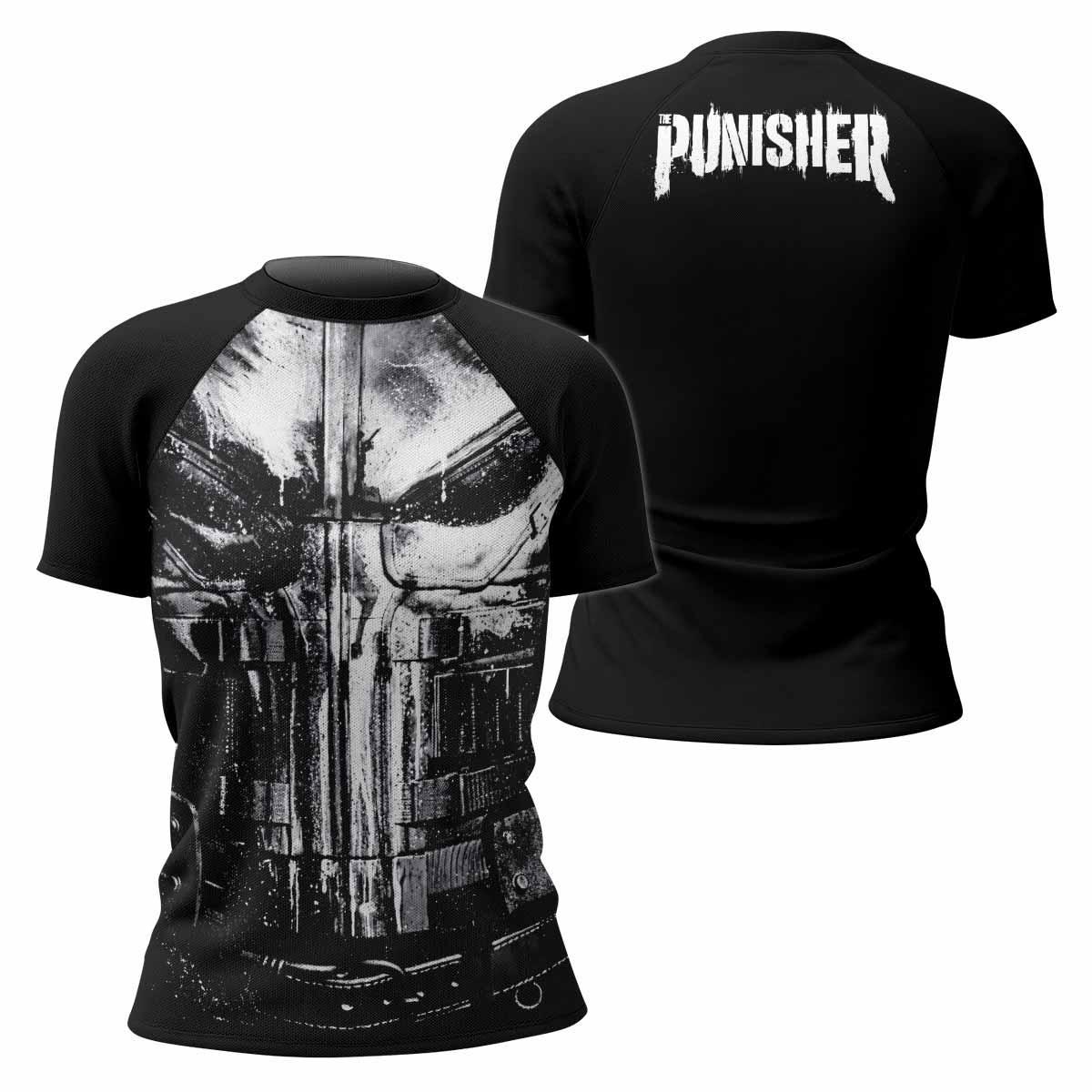 The Punisher War Mask Women's Rash Guard Short Sleeve - front and back view