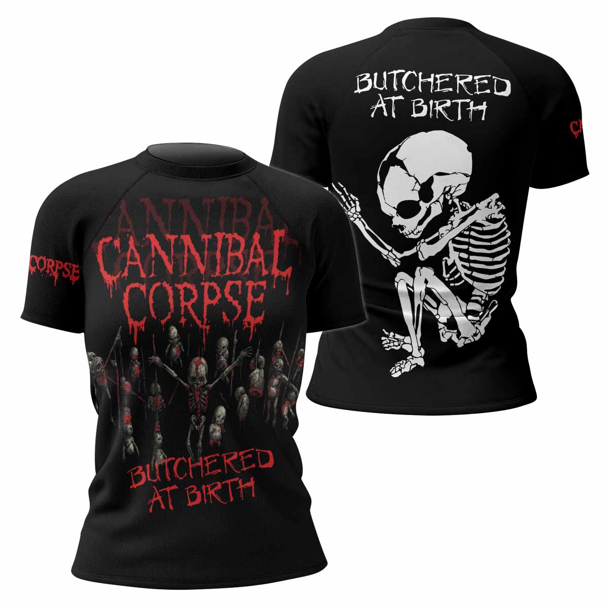 Cannibal Corpse Butchered at Birth Women's Rash Guard Short Sleeve - front and back view