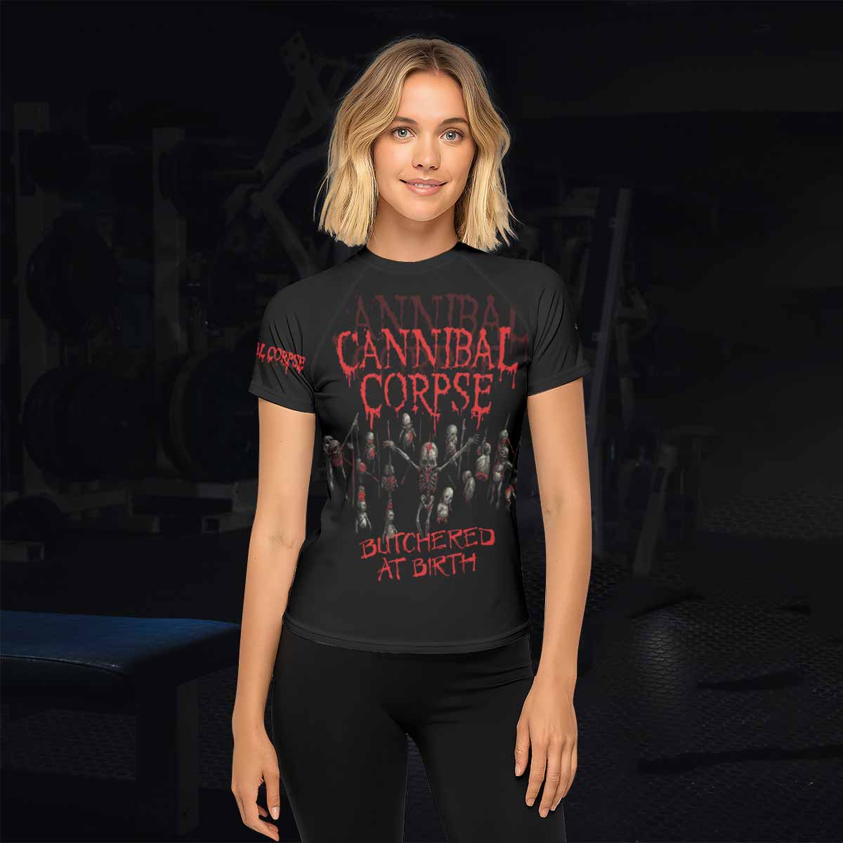 Cannibal Corpse Butchered at Birth Women's Rash Guard Short Sleeve - lifestyle view