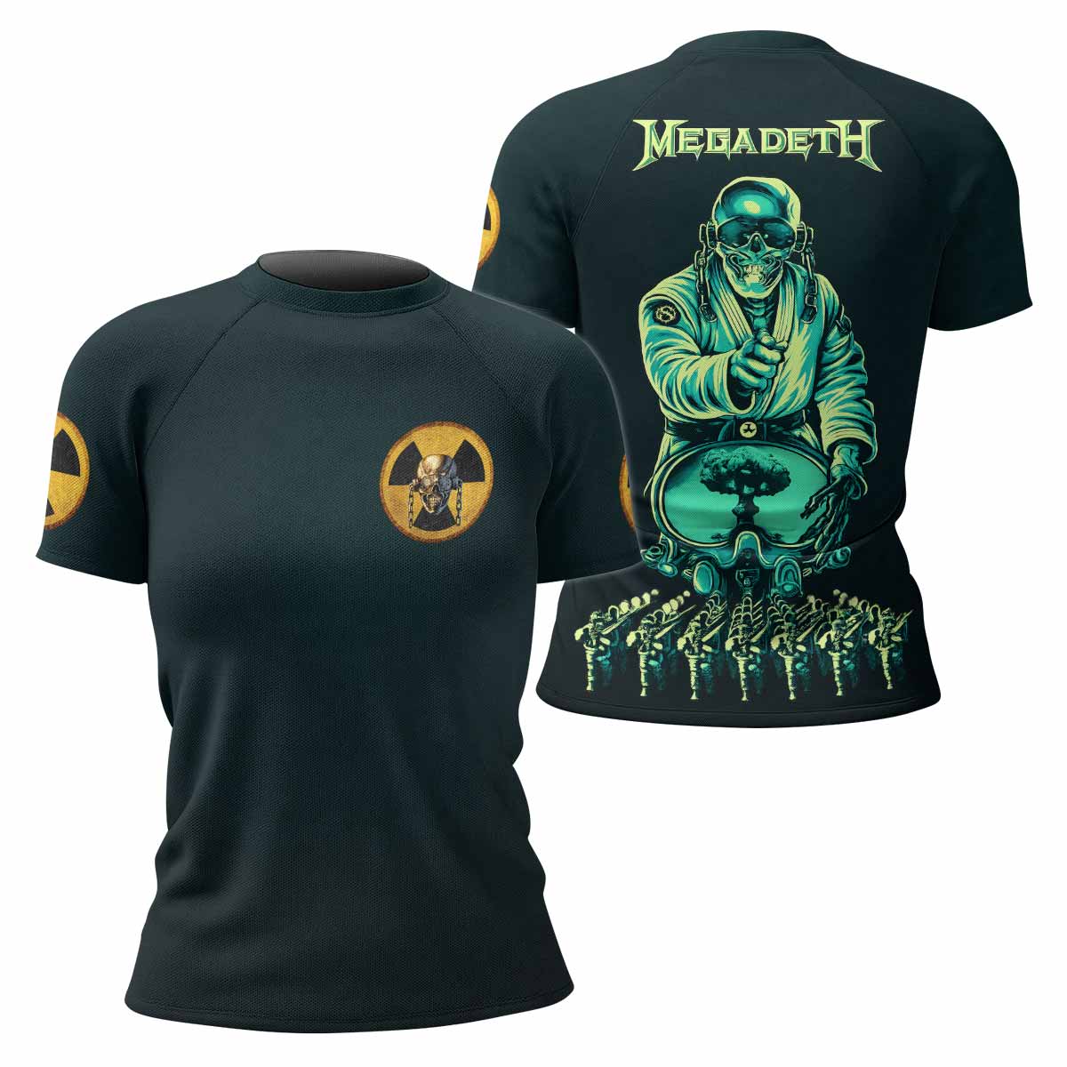 Megadeth Nuclear Skull Women's Rash Guard Short Sleeve - front and back view