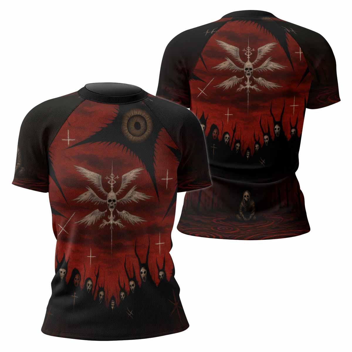 Occult Fallen Seraph Ritual Women's Rash Guard Short Sleeve - front and back view