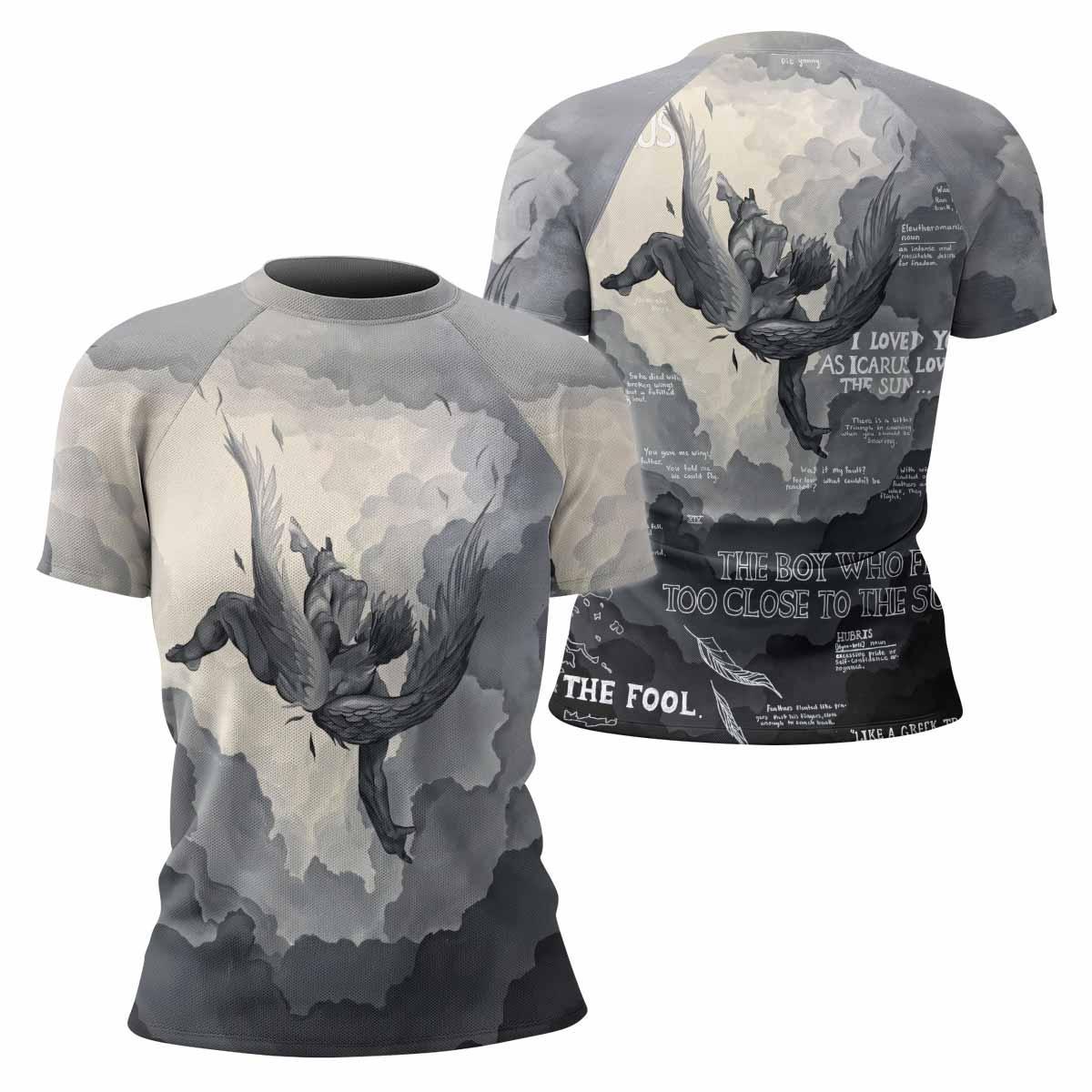 Icarus Too Close To The Sun Women's Rash Guard Short Sleeve - front and back view