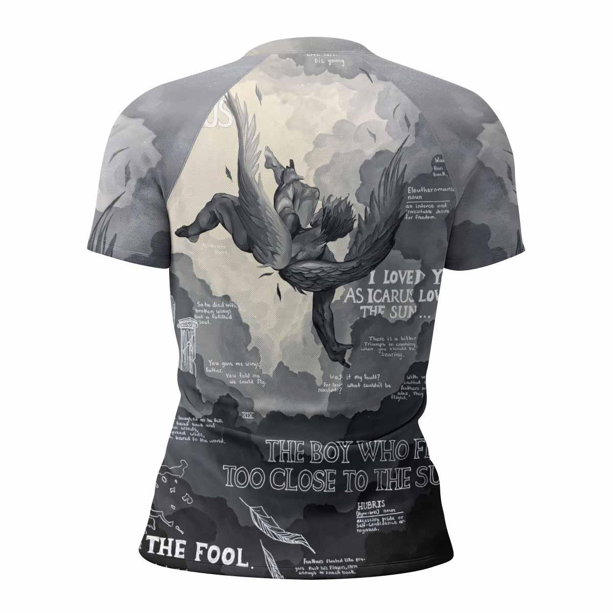 Icarus Too Close To The Sun Women's Rash Guard Short Sleeve - back view mockup