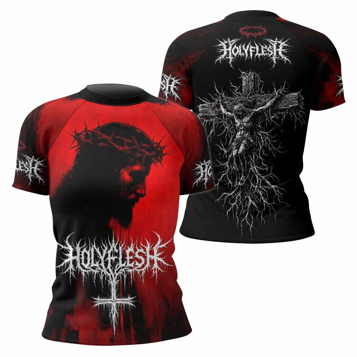 Holy Flesh Crown of Thorns Women's Rash Guard Short Sleeve - front and back view