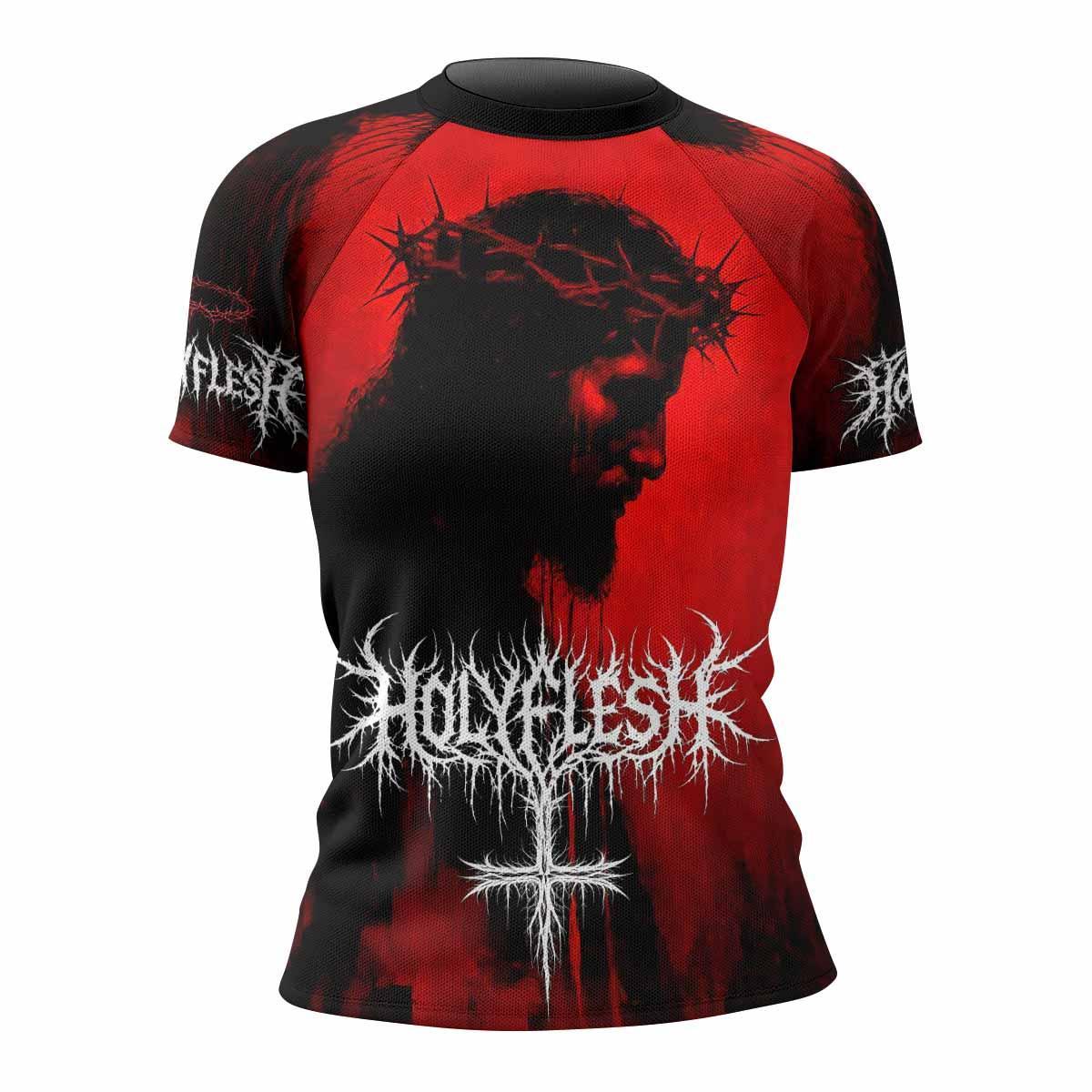 Holy Flesh Crown of Thorns Women's Rash Guard Short Sleeve - front view mockup