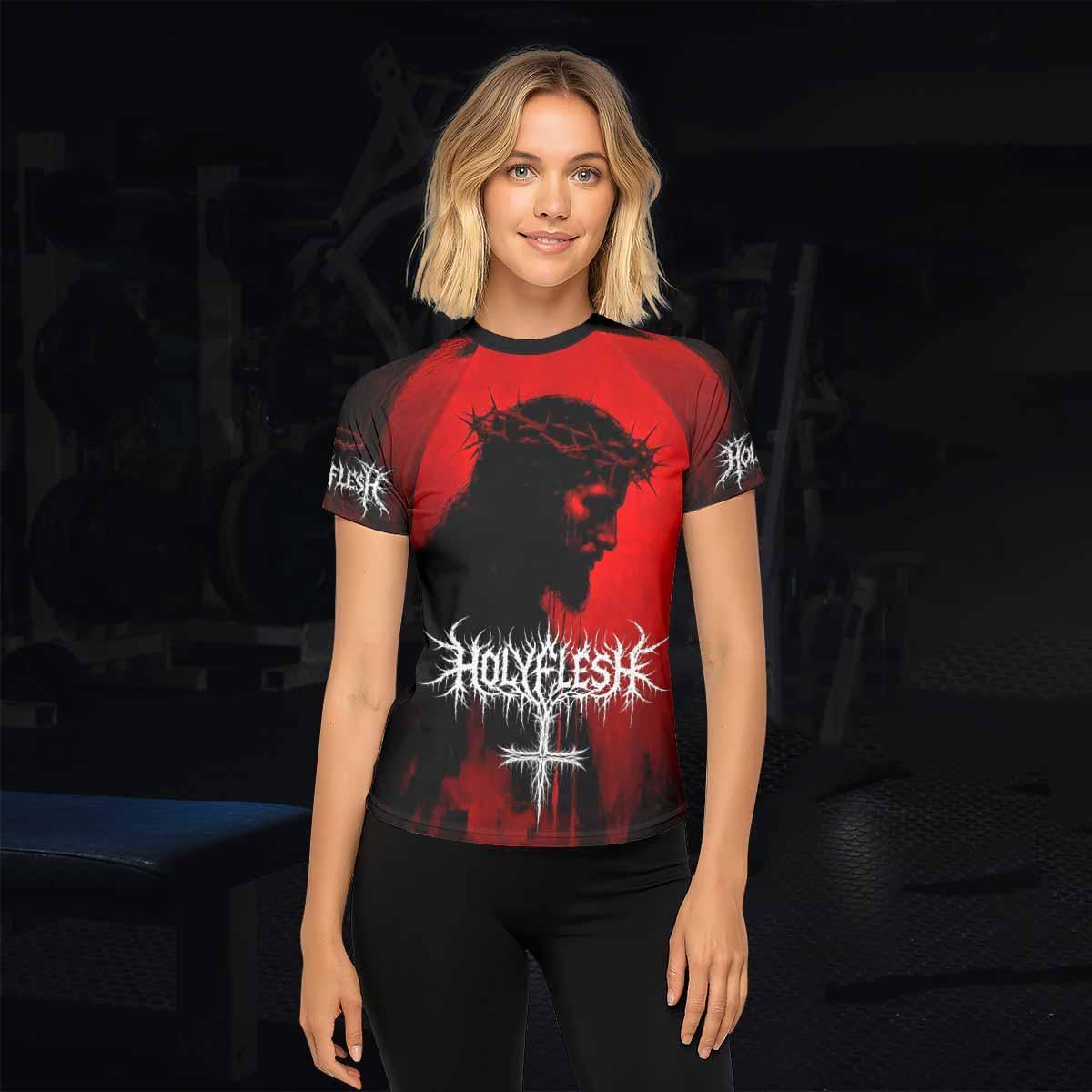 Holy Flesh Crown of Thorns Women's Rash Guard Short Sleeve - lifestyle view