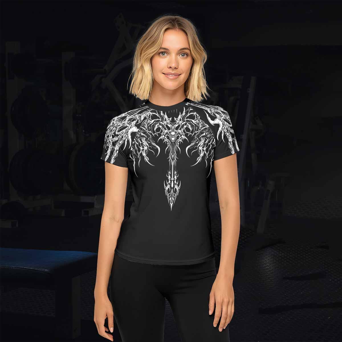 Gothic Bone Skull Women's Rash Guard Short Sleeve - lifestyle view
