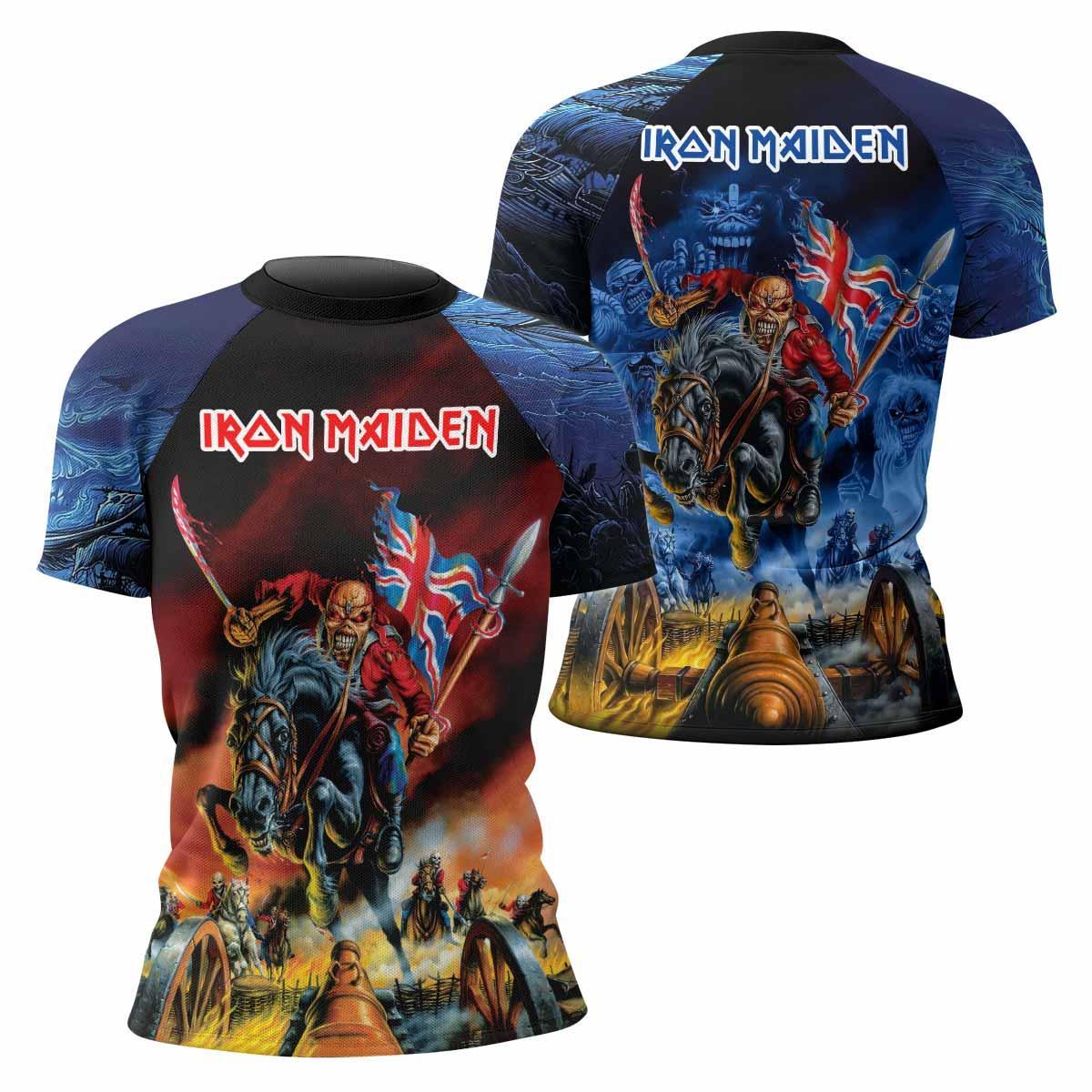 Iron Maiden England Flag Women's Rash Guard Short Sleeve - front and back view