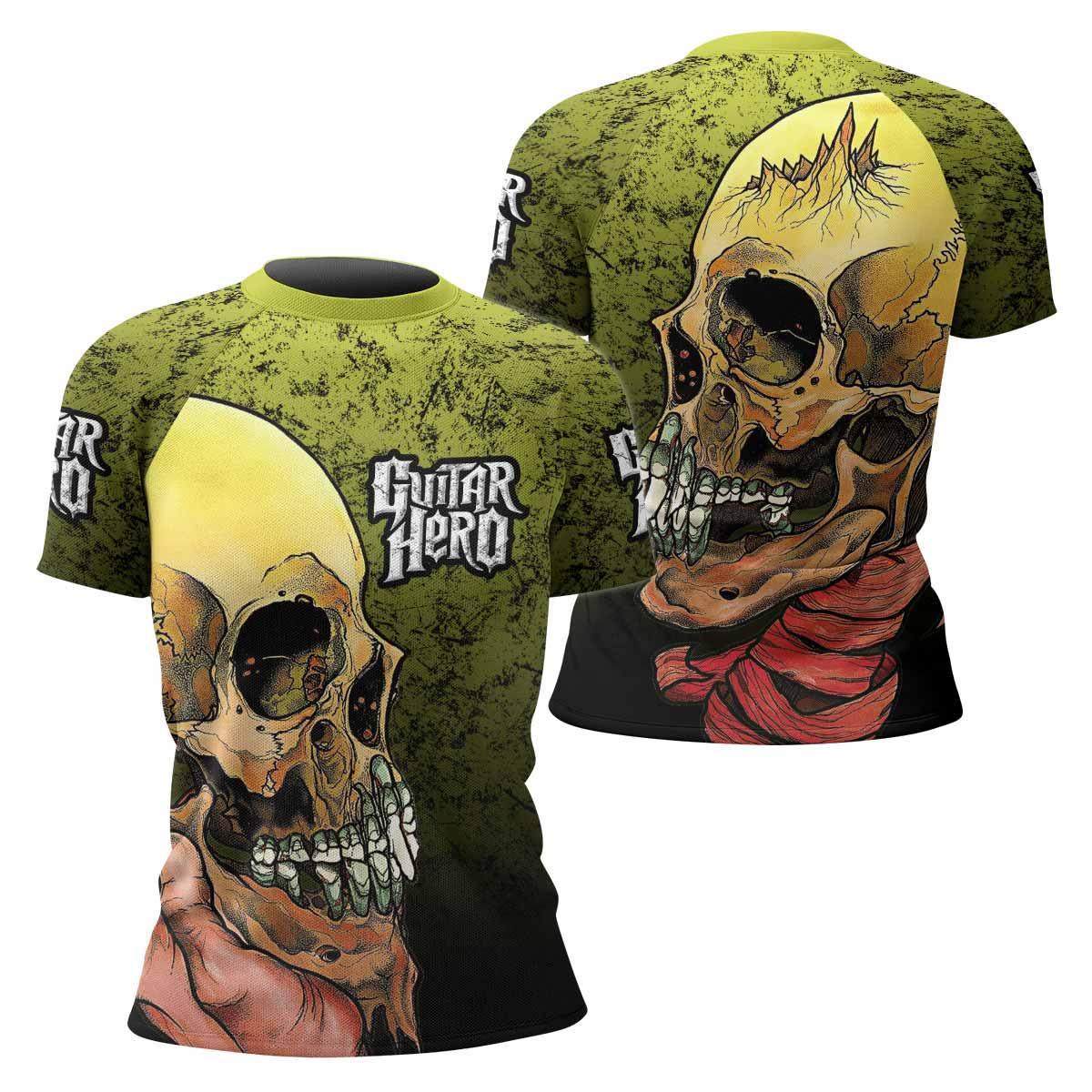 Guitar Hero Skull Women's Rash Guard Short Sleeve - front and back view