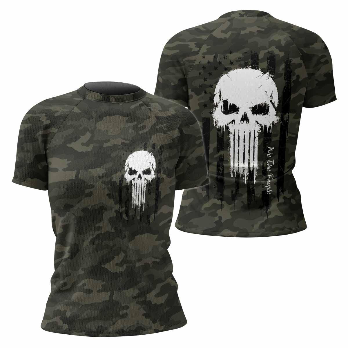 The Punisher Skull We The People Women's Rash Guard Short Sleeve - front and back view