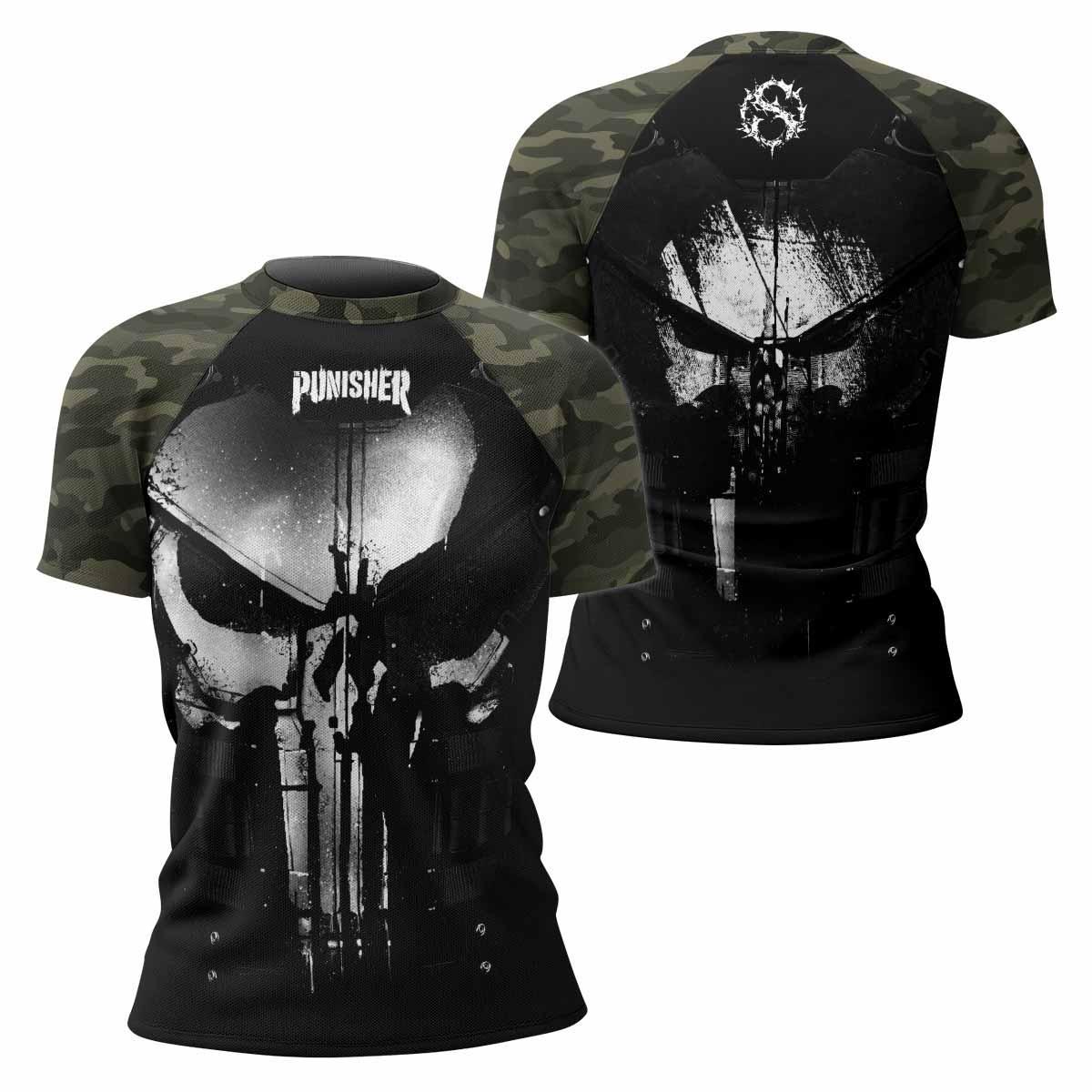 The Punisher Skull Camouflage Women's Rash Guard Short Sleeve - front and back view