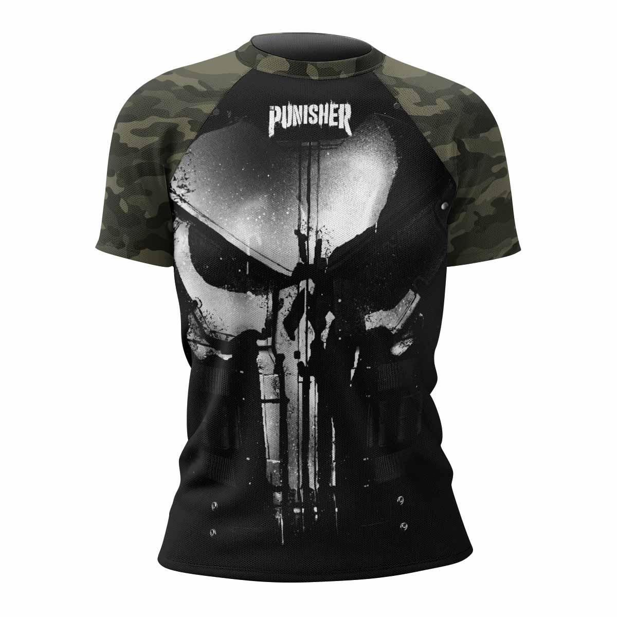 The Punisher Skull Camouflage Women's Rash Guard Short Sleeve - front view mockup