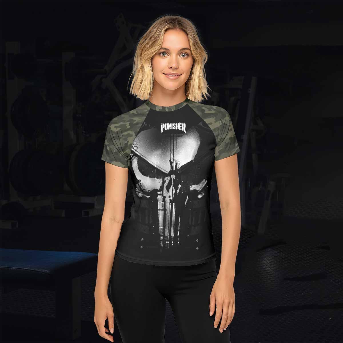 The Punisher Skull Camouflage Women's Rash Guard Short Sleeve - lifestyle view