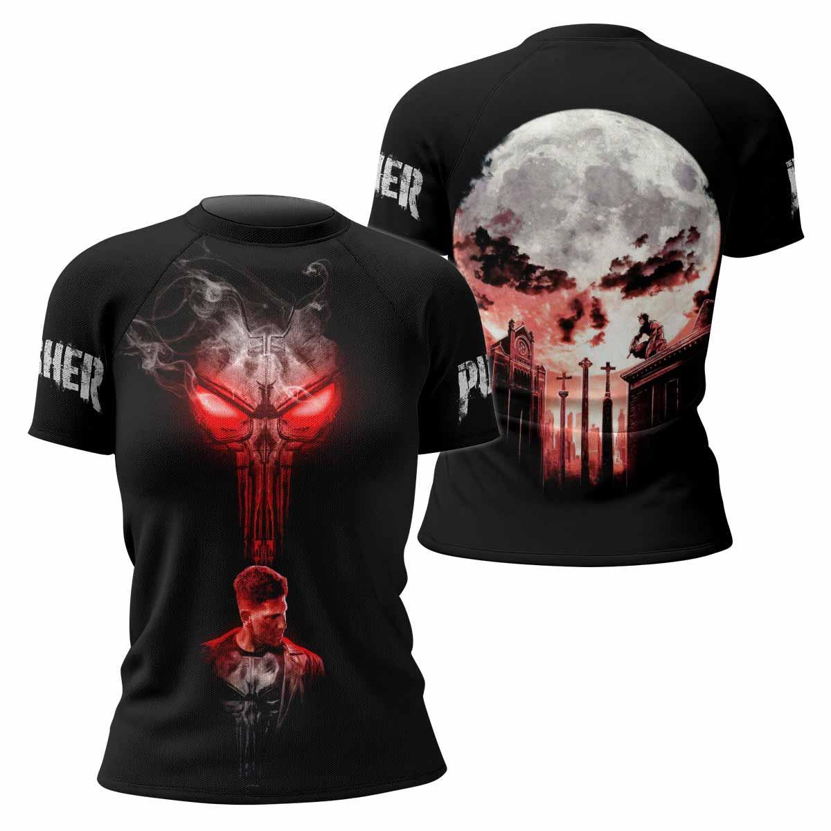 The Punisher Skull Frank Castle Women's Rash Guard Short Sleeve - front and back view
