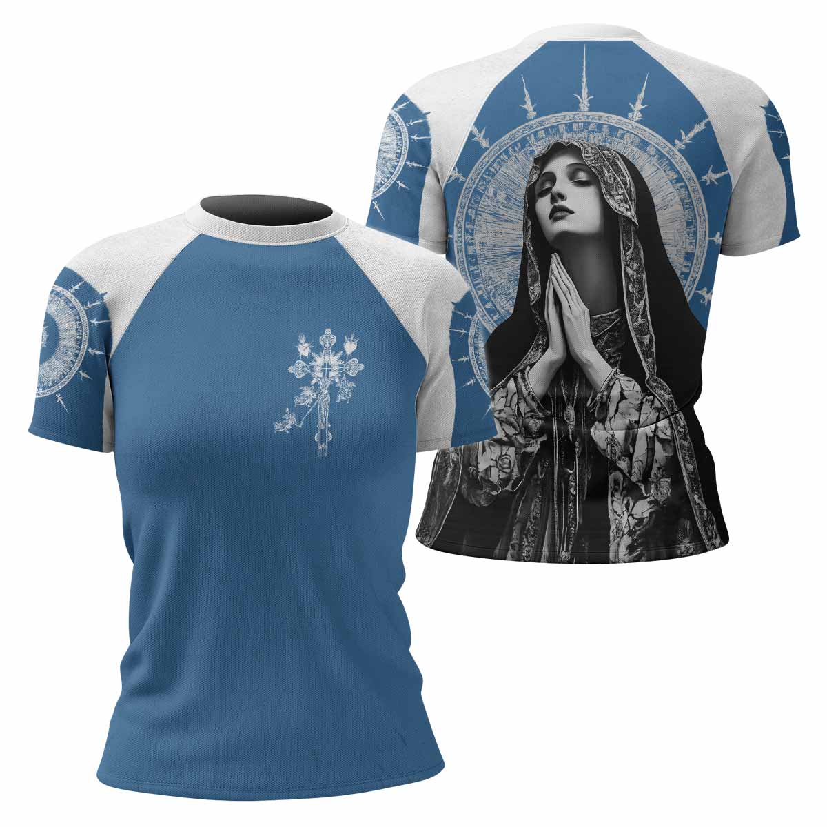 Our Lady of Sorrows Women's Rash Guard Short Sleeve - front and back view
