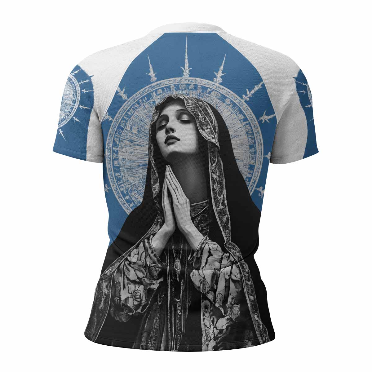Our Lady of Sorrows Women's Rash Guard Short Sleeve - back view mockup