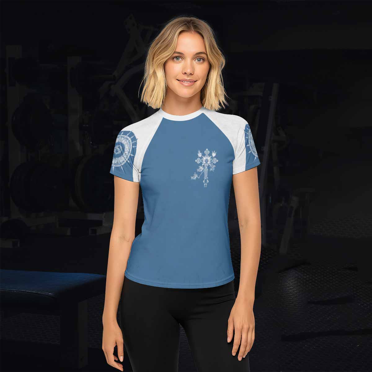 Our Lady of Sorrows Women's Rash Guard Short Sleeve - lifestyle view