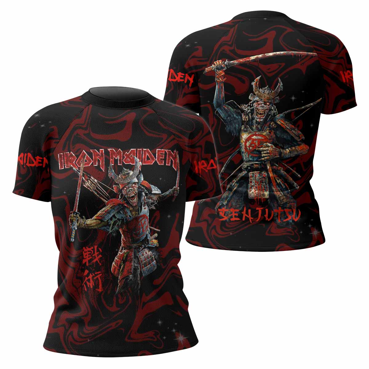 Iron Maiden Senjutsu Samurai Eddie Women's Rash Guard Short Sleeve - front and back view
