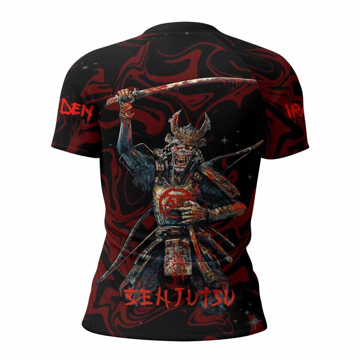 Iron Maiden Senjutsu Samurai Eddie Women's Rash Guard Short Sleeve - back view mockup