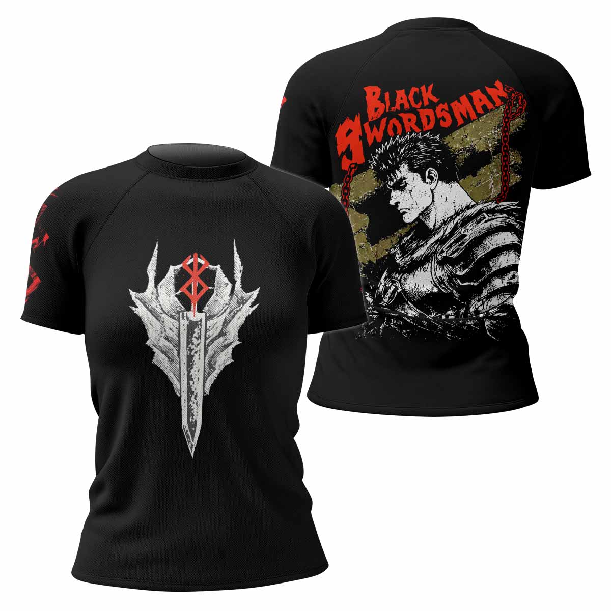 Berserk Black Swordsman Guts Women's Rash Guard Short Sleeve - front and back view