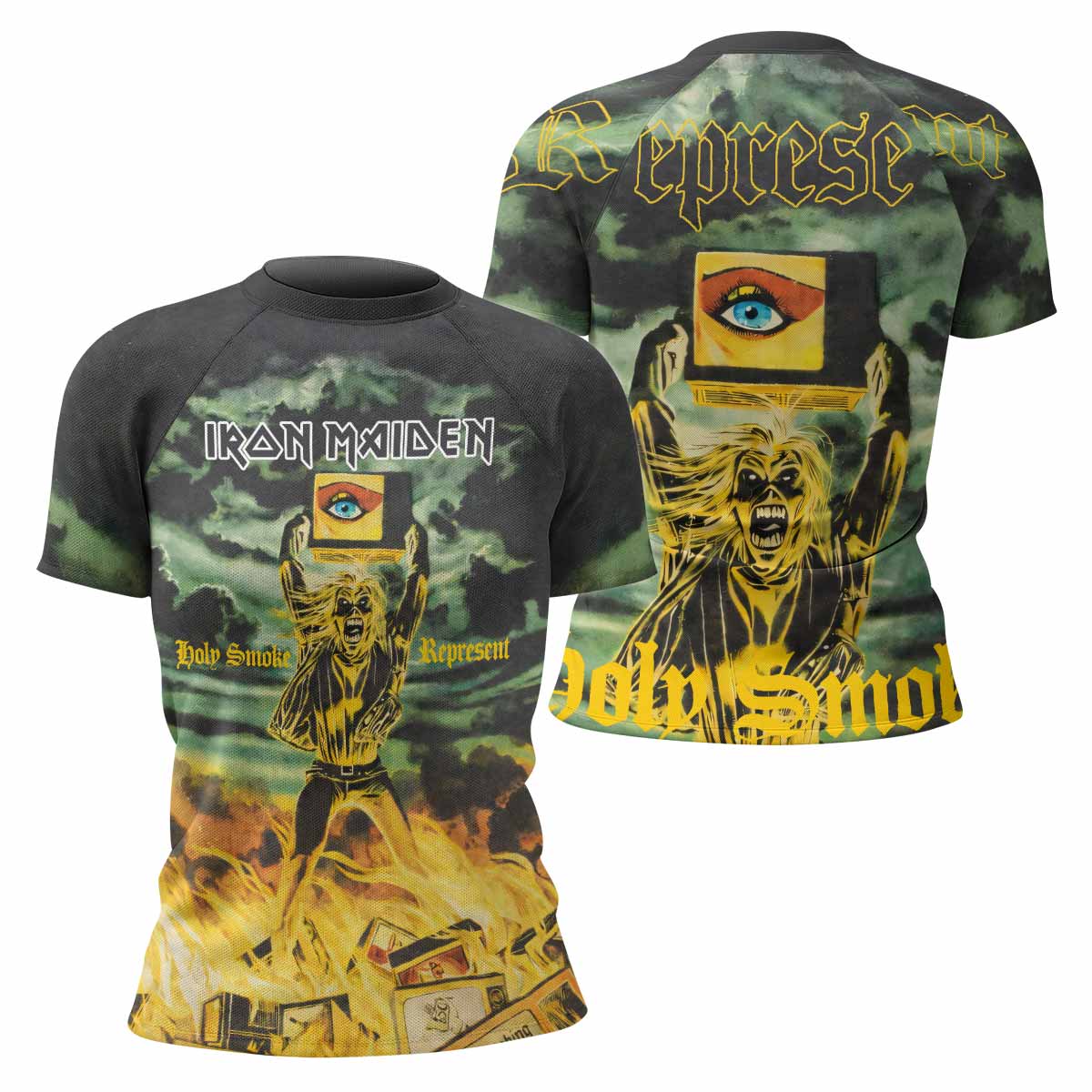 Iron Maiden Holy Smoke Women's Rash Guard Short Sleeve - front and back view