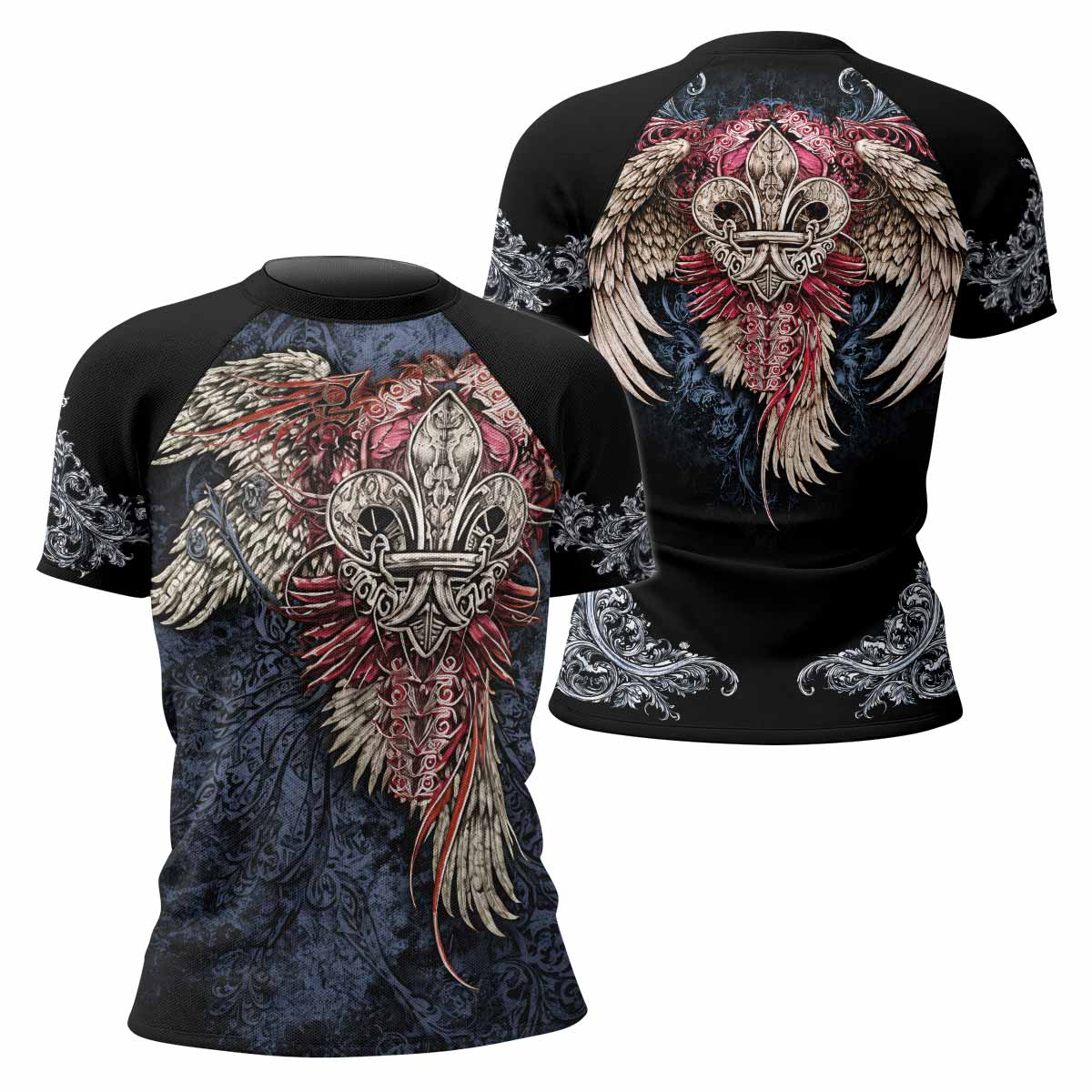 Metallic Embossed Angel Women's Rash Guard Short Sleeve - front and back view