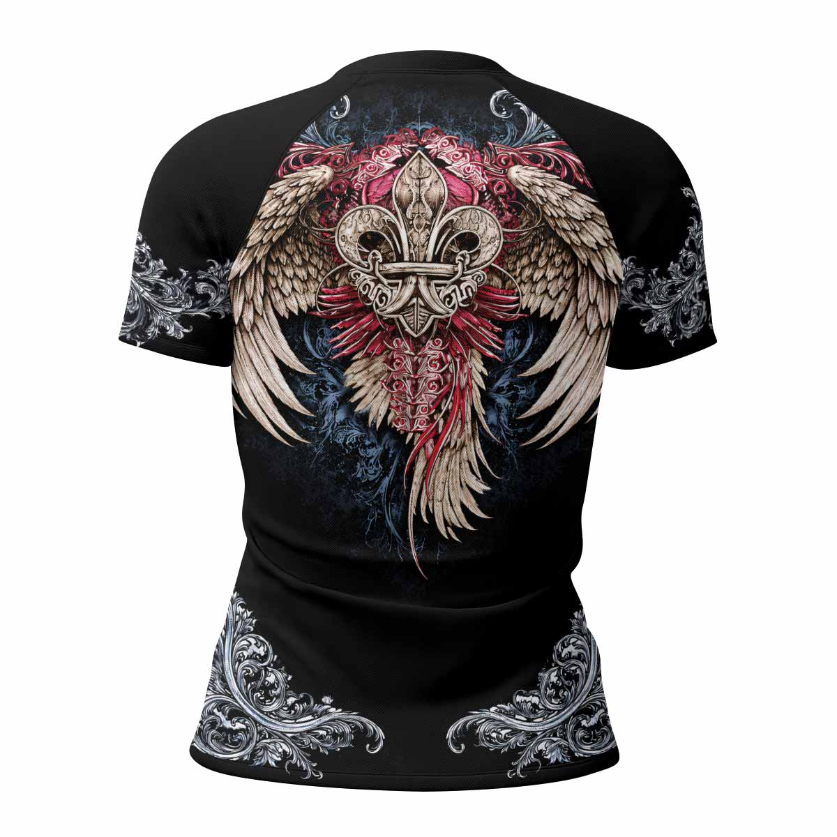 Metallic Embossed Angel Women's Rash Guard Short Sleeve - back view mockup