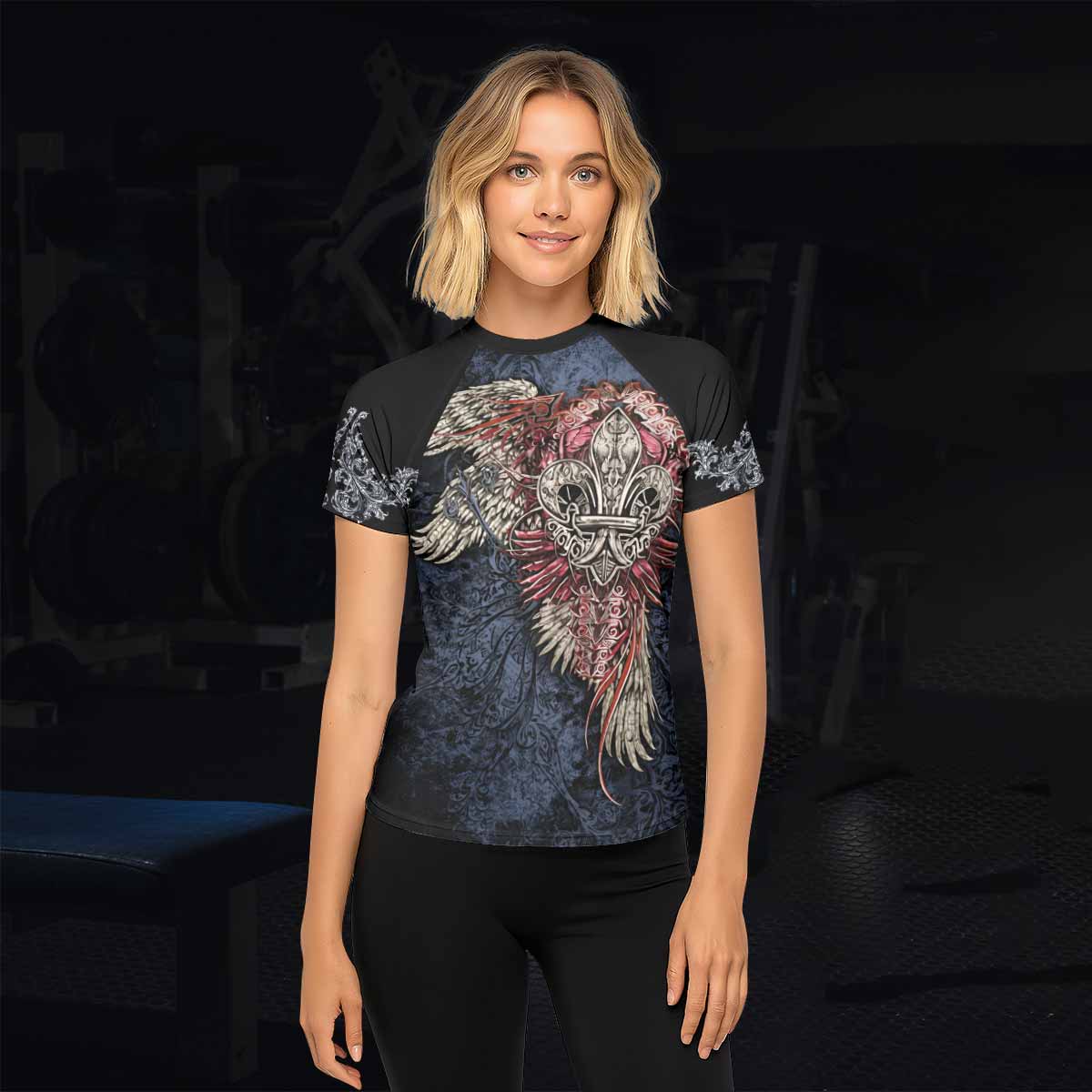 Metallic Embossed Angel Women's Rash Guard Short Sleeve - lifestyle view