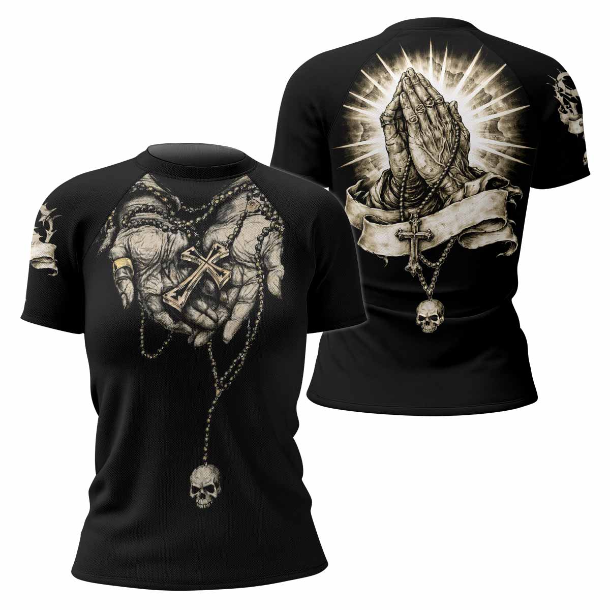 Praying Hands Skull Women's Rash Guard Short Sleeve - front and back view