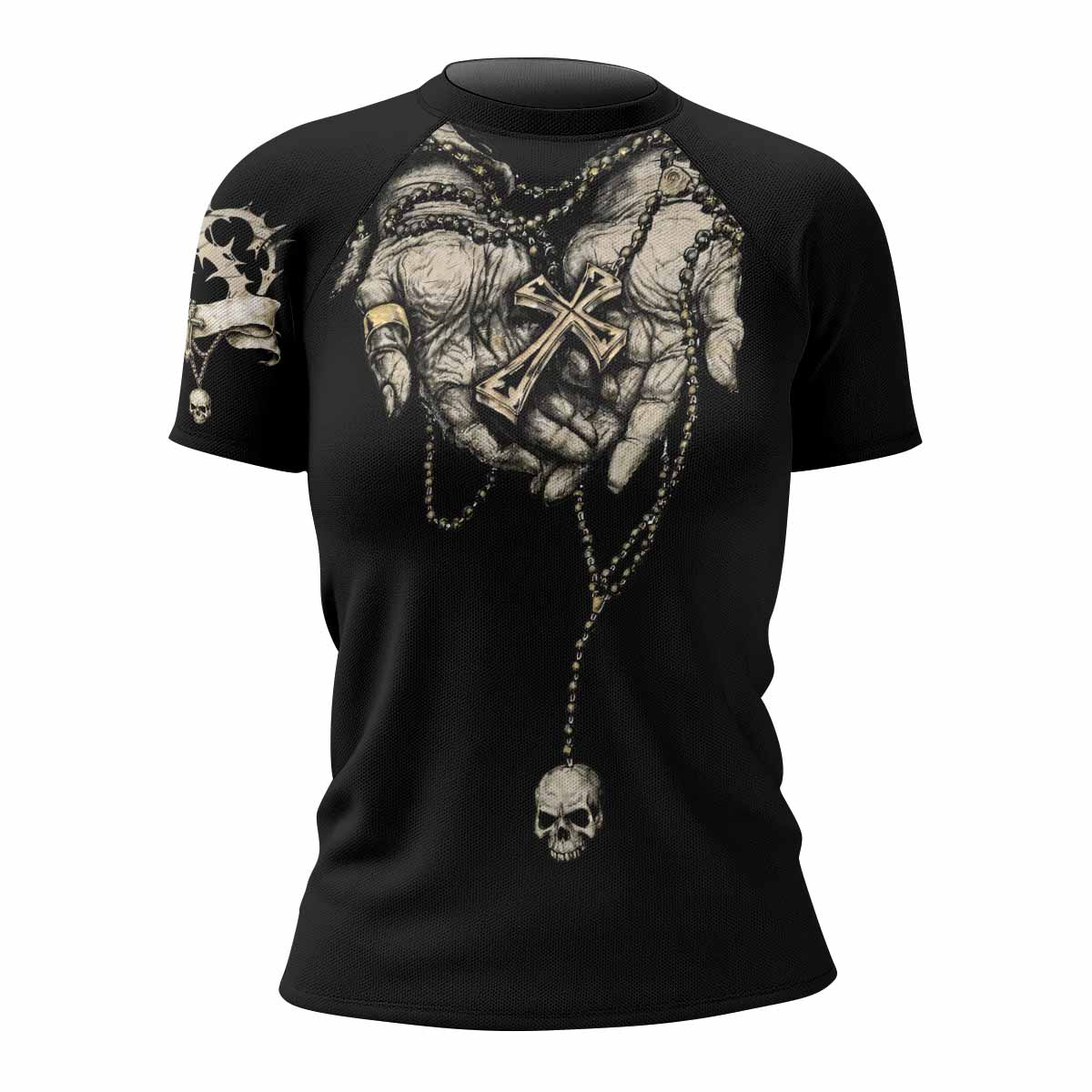 Praying Hands Skull Women's Rash Guard Short Sleeve - front view mockup