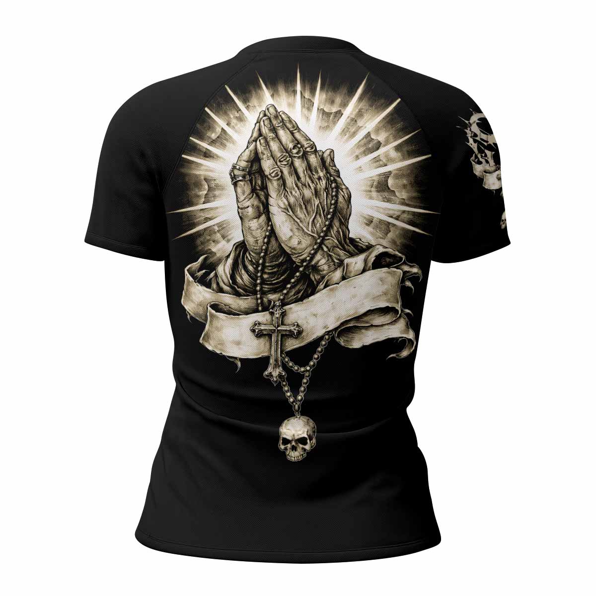 Praying Hands Skull Women's Rash Guard Short Sleeve - back view mockup