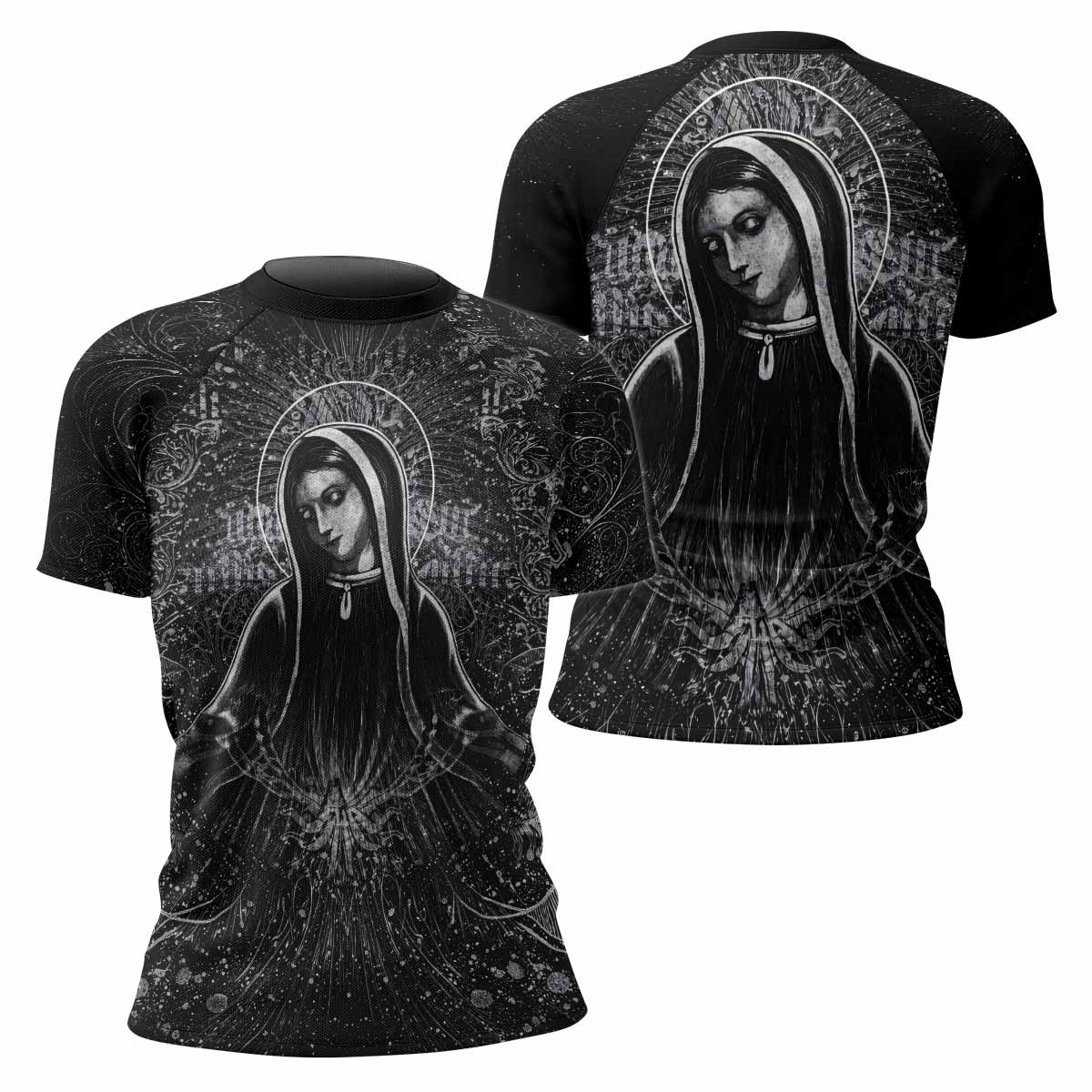 Virgin Mary Women's Rash Guard Short Sleeve - front and back view