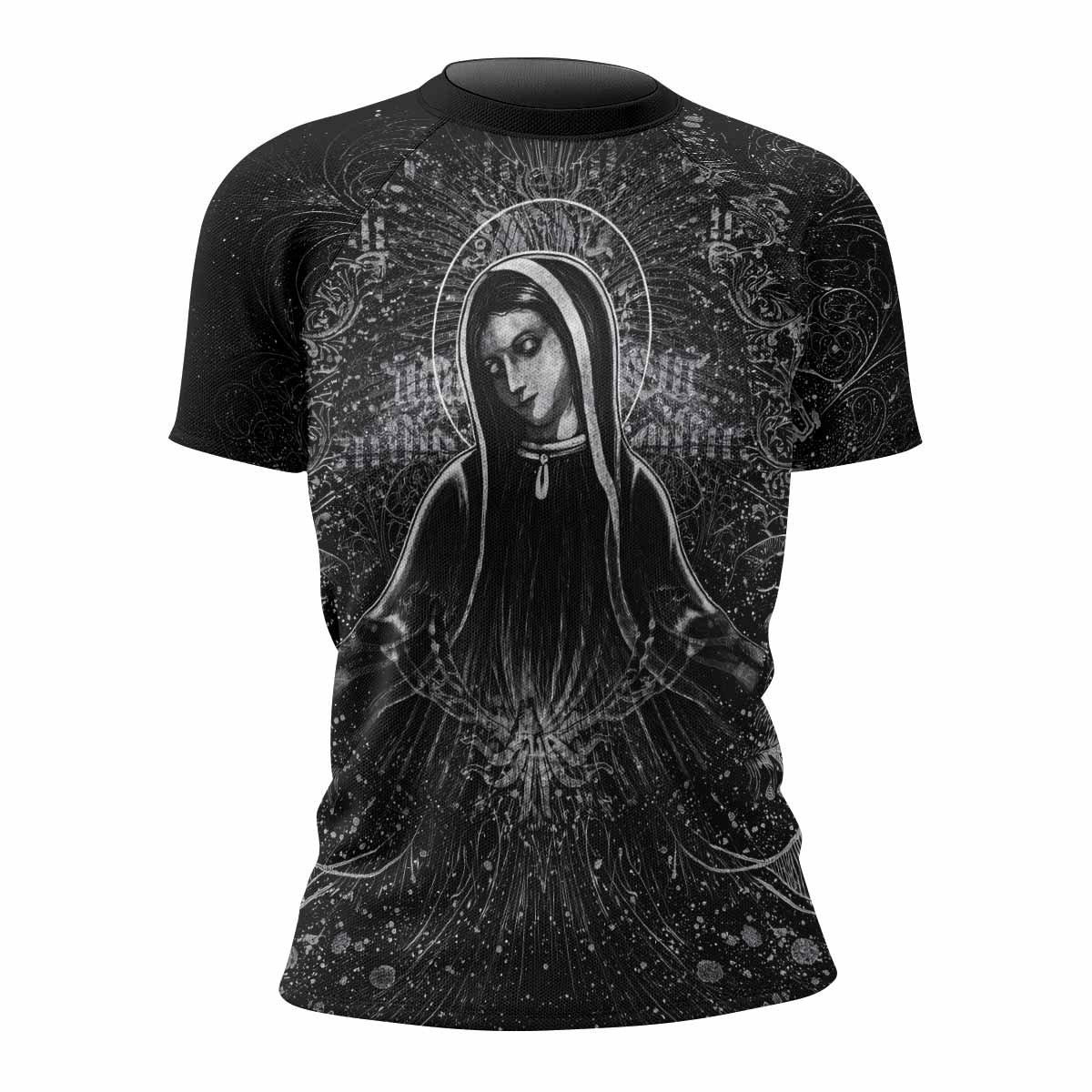 Virgin Mary Women's Rash Guard Short Sleeve - front view mockup