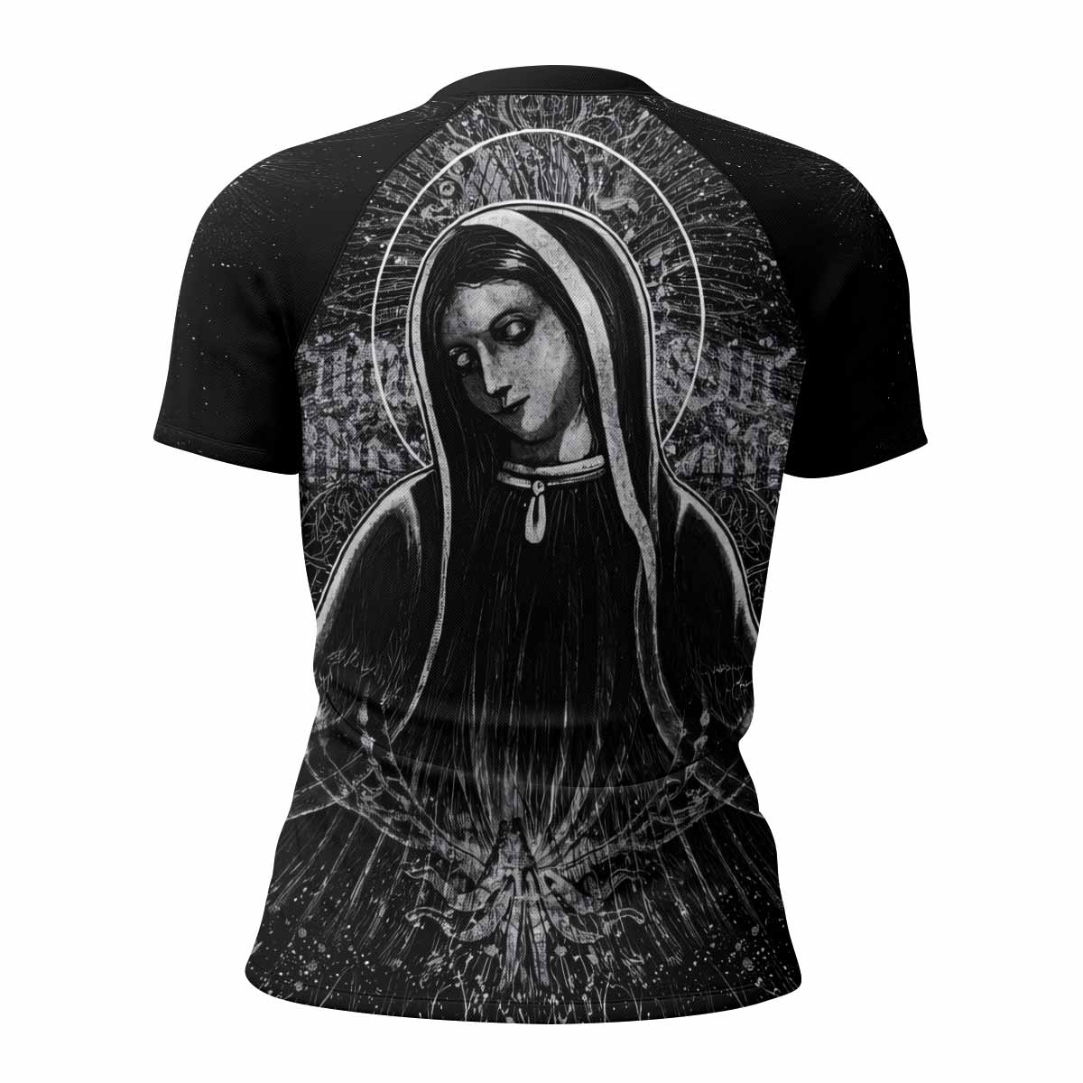 Virgin Mary Women's Rash Guard Short Sleeve - back view mockup