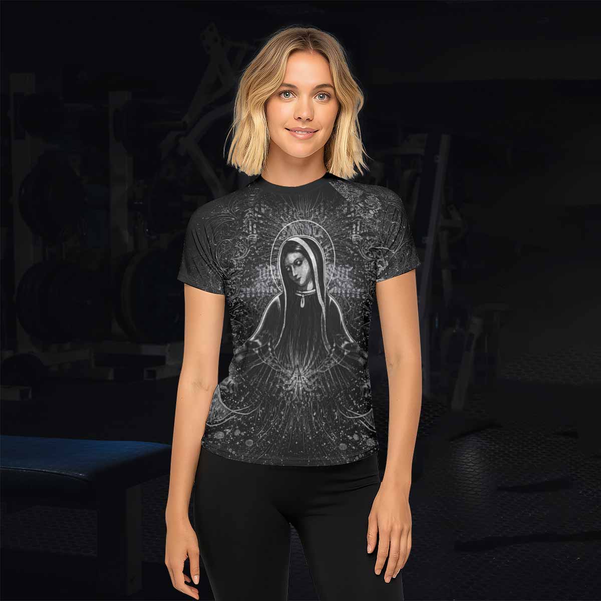 Virgin Mary Women's Rash Guard Short Sleeve - lifestyle view