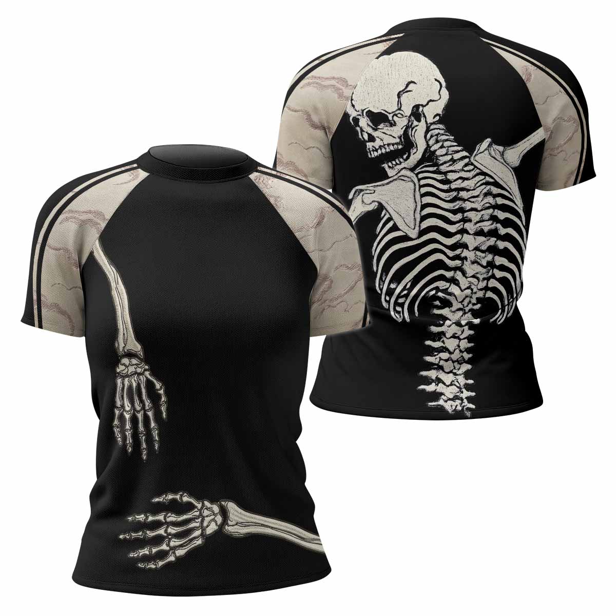 Bare Bones Skeleton Women's Rash Guard Short Sleeve - front and back view