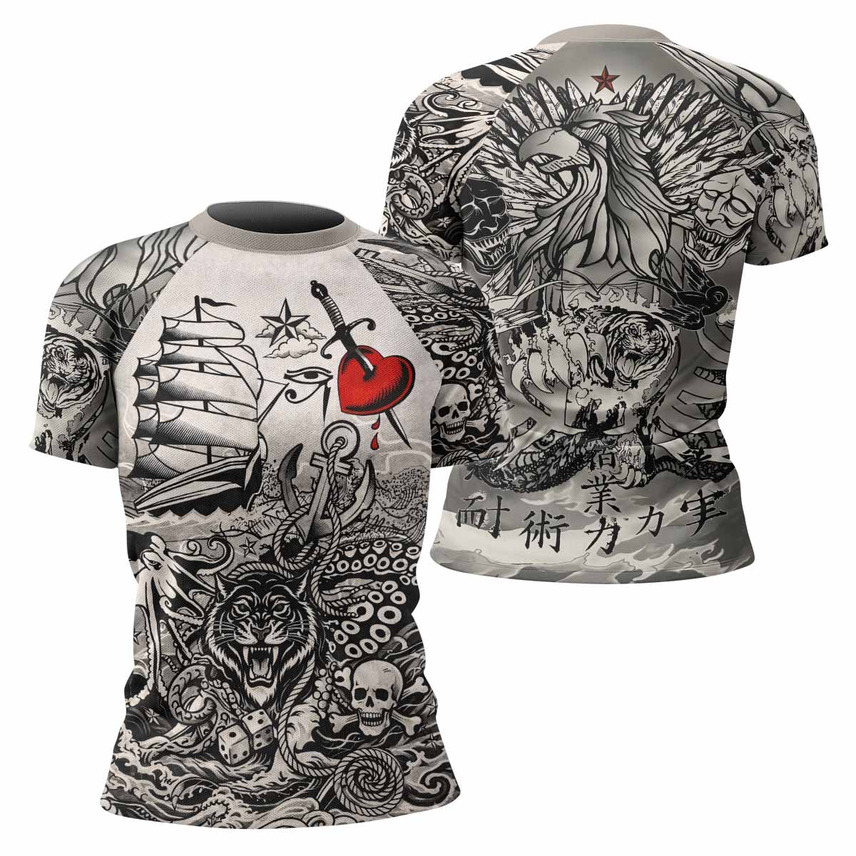 Savage Ocean Irezumi Women's Rash Guard Short Sleeve - front and back view