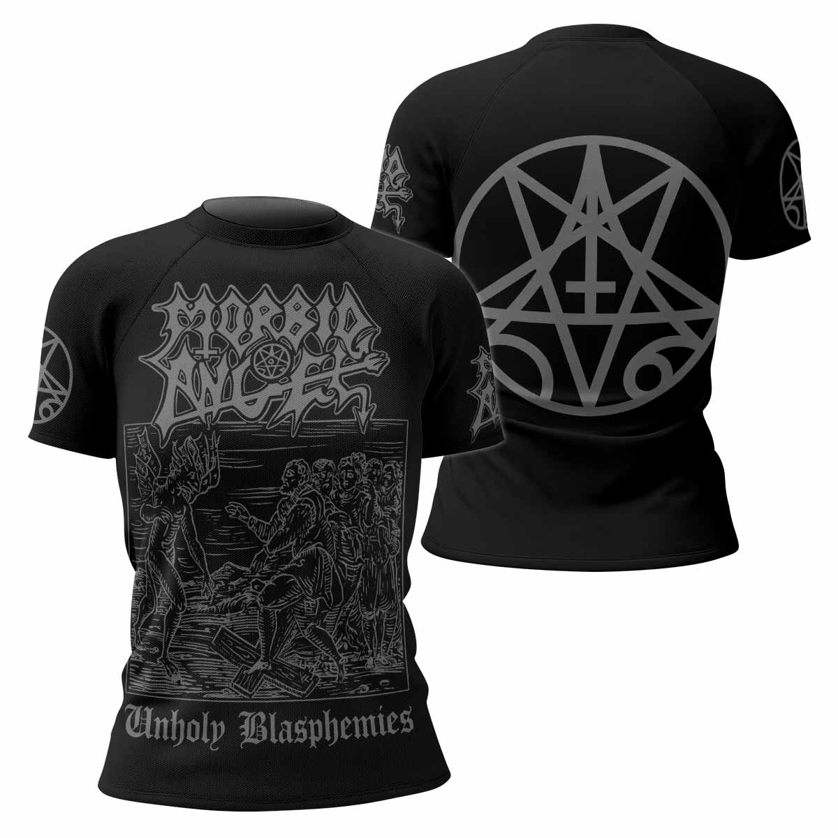 Morbid Angel Unholy Blasphemies Women's Rash Guard Short Sleeve - front and back view