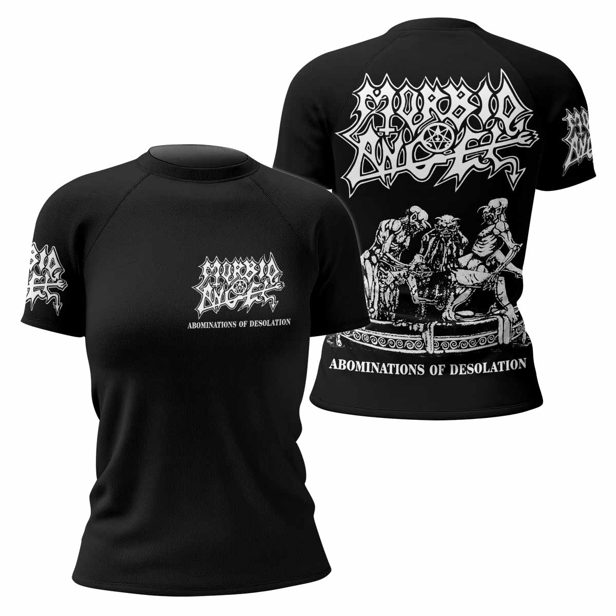 Morbid Angel Abominations of Desolation Women's Rash Guard Short Sleeve - front and back view