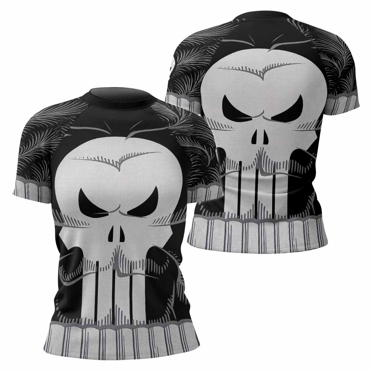 Punisher Skull Tactical Women's Rash Guard Short Sleeve - front and back view
