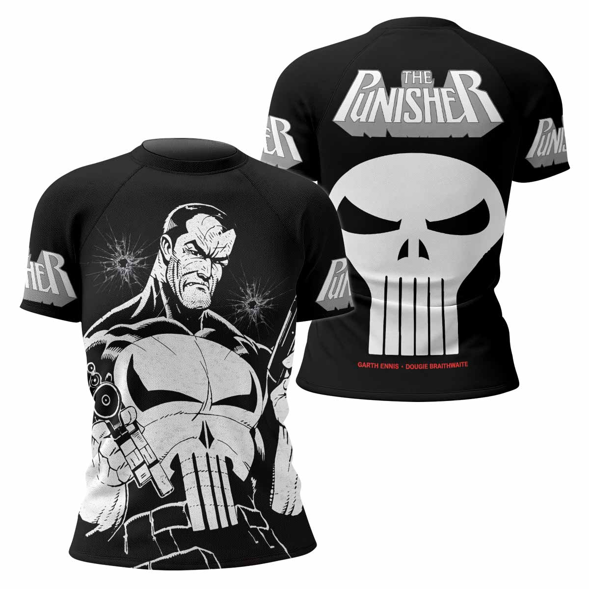 The Punisher Comic Frank Castle Women's Rash Guard Short Sleeve - front and back view