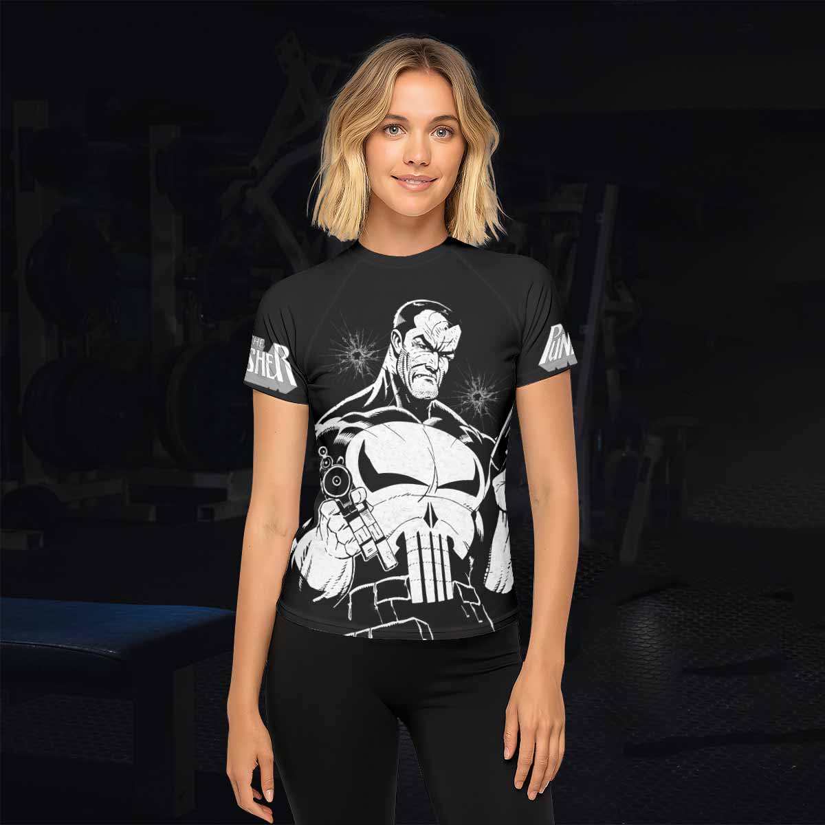 The Punisher Comic Frank Castle Women's Rash Guard Short Sleeve - lifestyle view