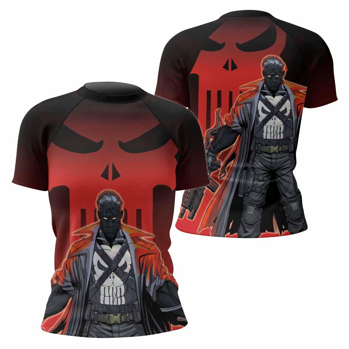 The Punisher Red Frank Castle Women's Rash Guard Short Sleeve - front and back view